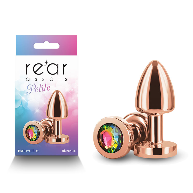 Rose Gold 6 cm Metal Butt Plug with Rainbow Round Gem Base